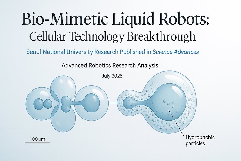 Scientific cover illustration showing next-gen liquid robots mimicking living cells, with water core and particle coating — Seoul National University breakthrough, 2025.