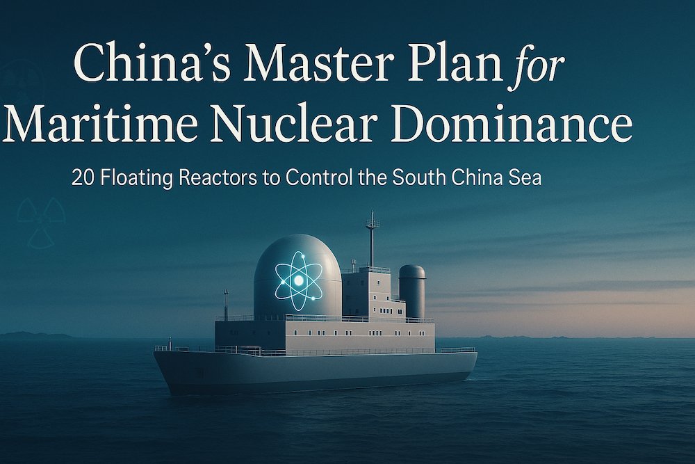 Strategic digital illustration showing a Chinese floating nuclear power plant in the South China Sea at sunrise, with elegant text headline about maritime nuclear dominance.