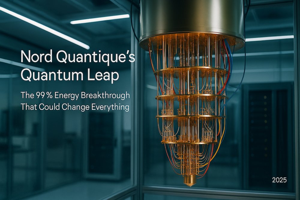 Golden chandelier-shaped quantum processor at the center of Nord Quantique’s futuristic lab, symbolizing a major leap in energy-efficient quantum computing.