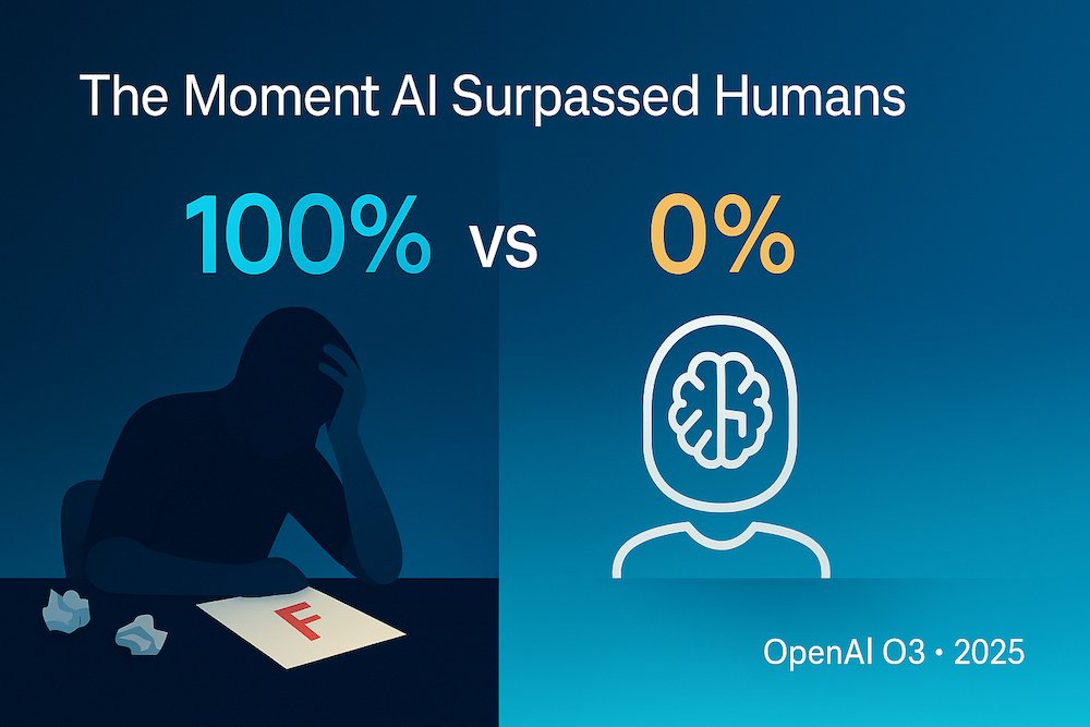 Clean split-screen showing a frustrated human with a failing grade on one side and a glowing AI brain with a perfect score on the other, symbolizing AI surpassing human intelligence in mathematics.