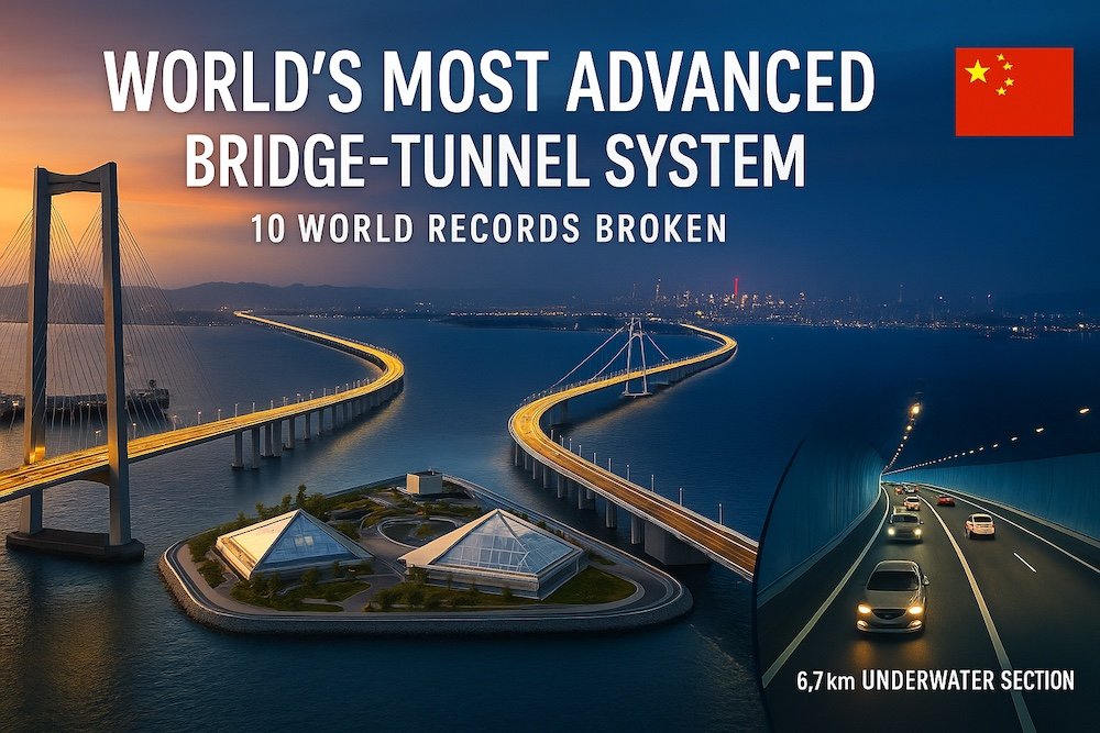 A panoramic view of the Shenzhen-Zhongshan Link showing a cable-stayed bridge, artificial island, and underwater tunnel entrance at sunset, representing China’s record-breaking infrastructure achievement.