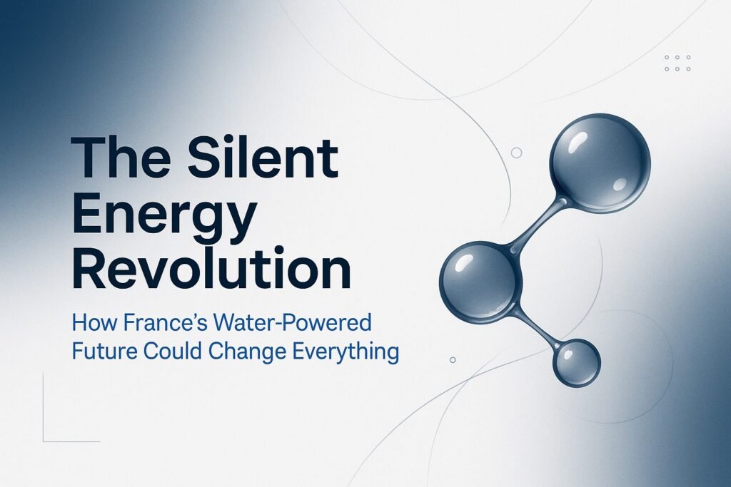 Minimalist tech illustration of water molecules symbolizing energy flow, with title text "The Silent Energy Revolution"