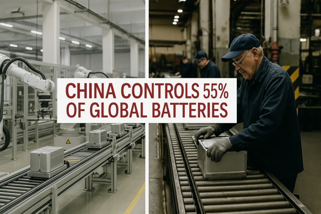 Editorial split-screen photo showing Chinese robotic battery factory on the left and Western manual assembly factory on the right, with headline text “China controls 55% of global batteries.”