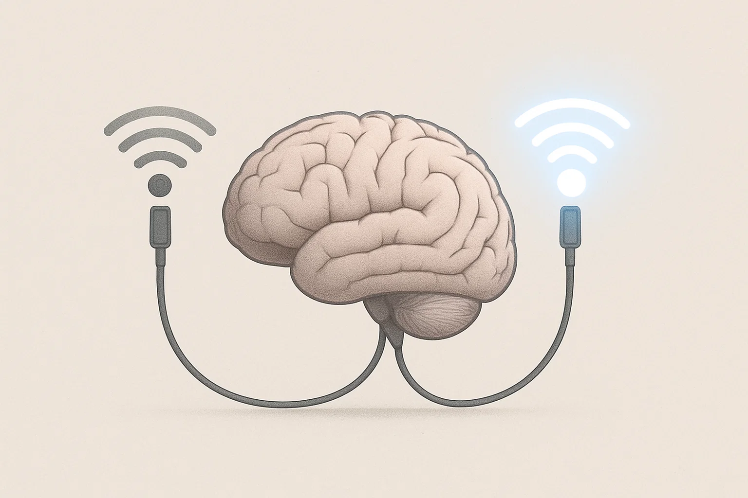 Illustration of a human brain connected to Wi-Fi via cables, symbolizing brain-computer interfaces and neural connectivity technology.