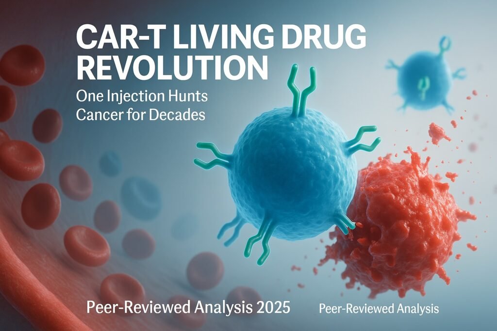 Premium medical cover illustration of CAR-T cells as glowing blue immune warriors with CAR receptors attacking red cancer cells in the bloodstream, symbolizing long-lasting cancer therapy.
