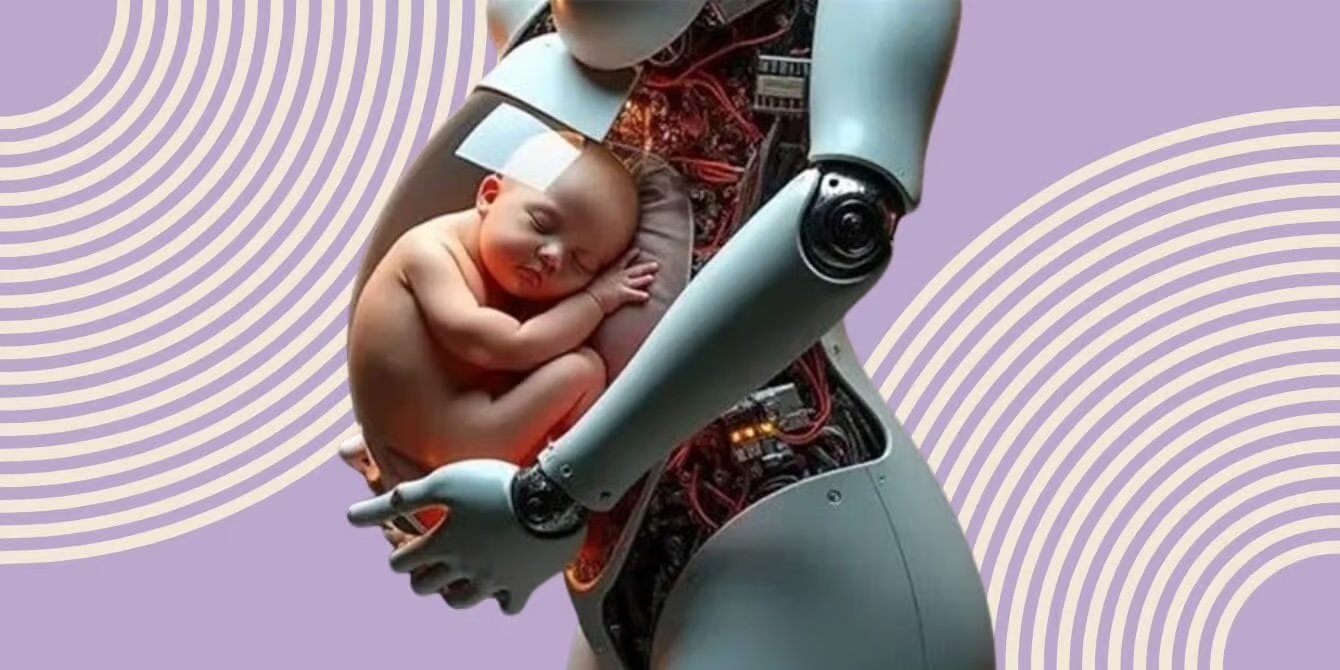Editorial image from Motherly reporting on China’s alleged pregnancy robot designed to help infertile families, part of a viral misinformation wave.