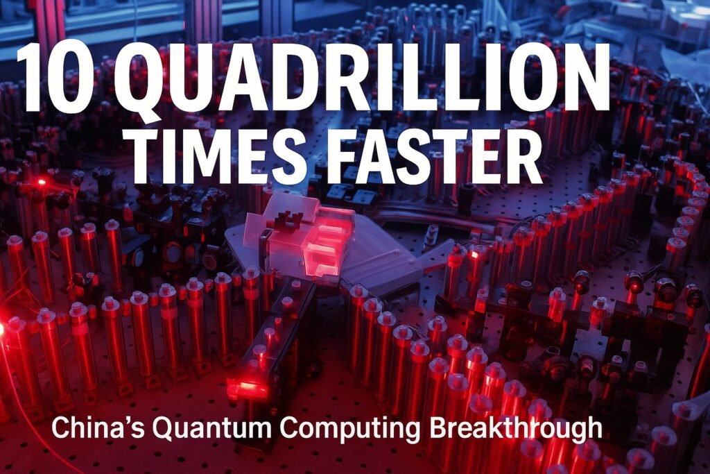 High-tech photonic quantum computer in China’s Jiuzhang 3.0 laboratory glowing with red and blue lasers