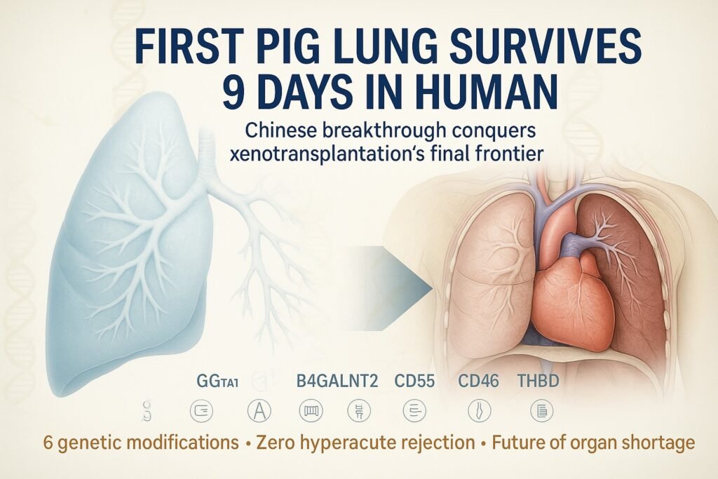 Scientific medical illustration showing the world’s first pig lung surviving 9 days in a human, with genetic modifications (GGTA1, CMAH, B4GALNT2, CD55, CD46, THBD) highlighted as part of a xenotransplantation breakthrough in China.