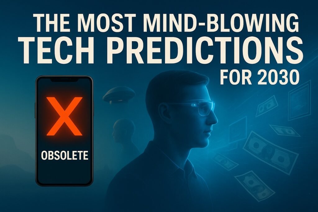 Premium cover image showing a futuristic concept for 2030 with AR glasses, obsolete smartphone, and digital economy elements.