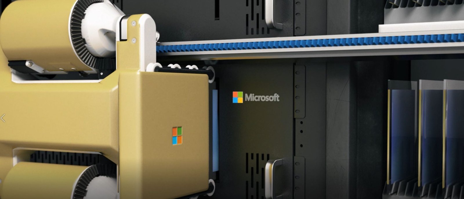 Close-up of Microsoft Project Silica’s automated shuttle system managing quartz glass storage plates inside a data center.