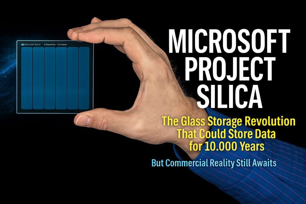 Professional cover image showing a hand holding Microsoft Project Silica quartz glass plate with text overlay highlighting its 10,000-year data storage potential.