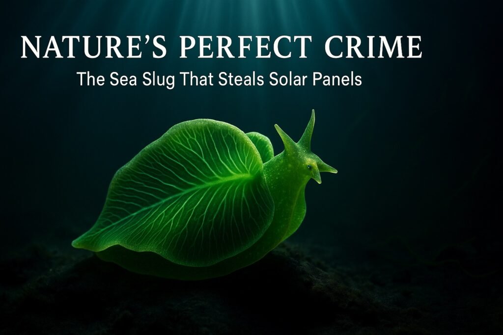 Nature documentary style image of Elysia chlorotica sea slug on dark underwater substrate with sun rays and algae background, featuring text overlay “Nature’s Perfect Crime.”