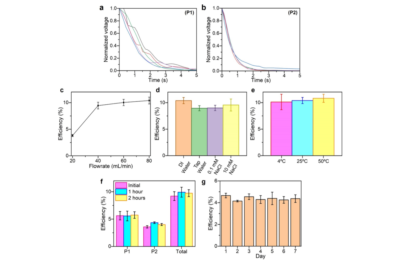 Efficiency and stability data for Singapore Rain Electricity plug flow system under different flow rates, water types, temperatures, and over 7 days