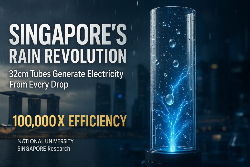 Singapore Rain Electricity technology generating power with transparent tubes during heavy rainfall over Marina Bay skyline