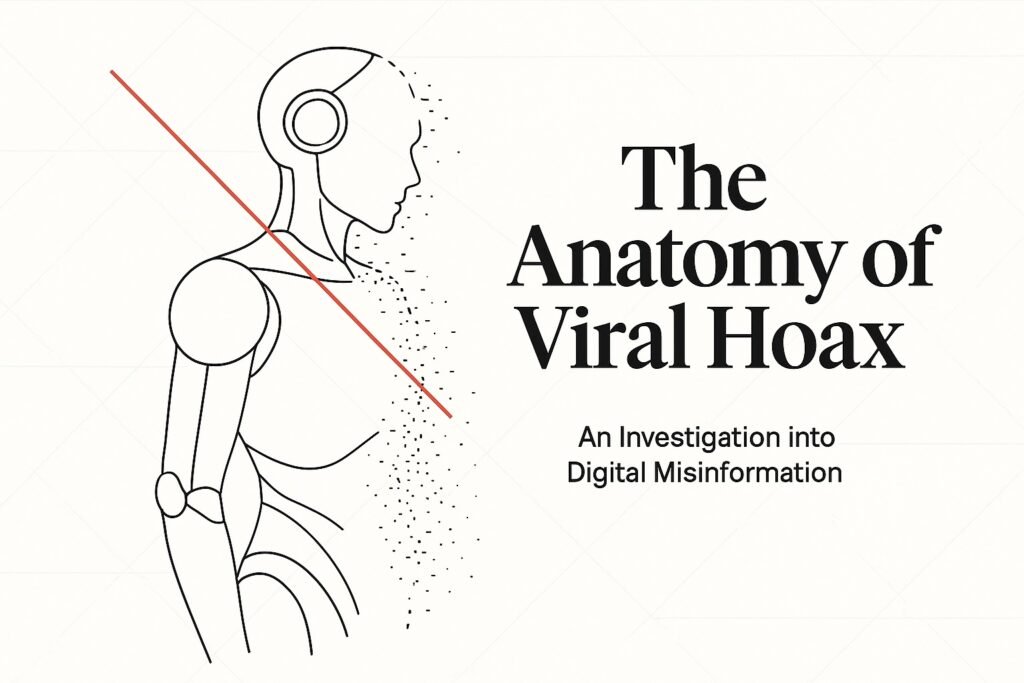 Minimalist line-art illustration of a humanoid robot dissolving into fragments with a red line, editorial cover titled “The Anatomy of a Viral Hoax”.