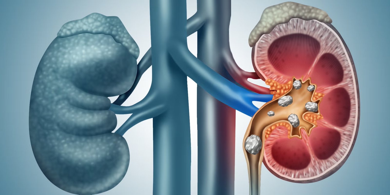 Medical illustration of a kidney with multiple kidney stones blocking the urinary tract, showing internal anatomy.