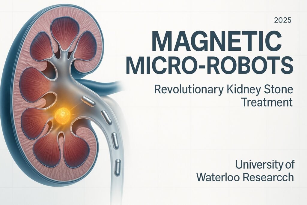 Premium medical journal cover illustration showing kidney cross-section with magnetic micro-robots targeting a glowing kidney stone, University of Waterloo research.