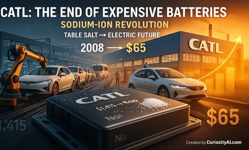 Cover image illustrating CATL’s sodium-ion battery breakthrough, showing cost drop from $1,415 to $65, modern EV production lines, and the transition to affordable clean energy.