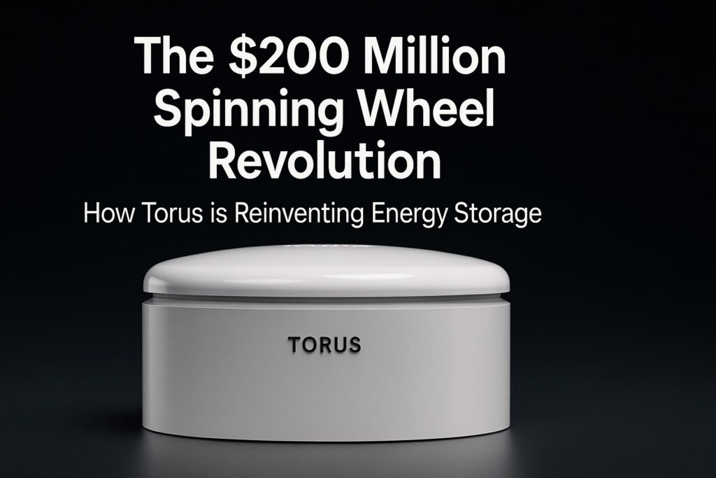Torus flywheel energy storage system with article headline overlay: The $200 Million Spinning Wheel Revolution – How Torus is Reinventing Energy Storage.