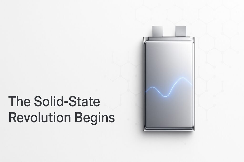 Minimalist blog cover showing a sleek solid-state battery cell with modern metallic design and clean editorial aesthetic.